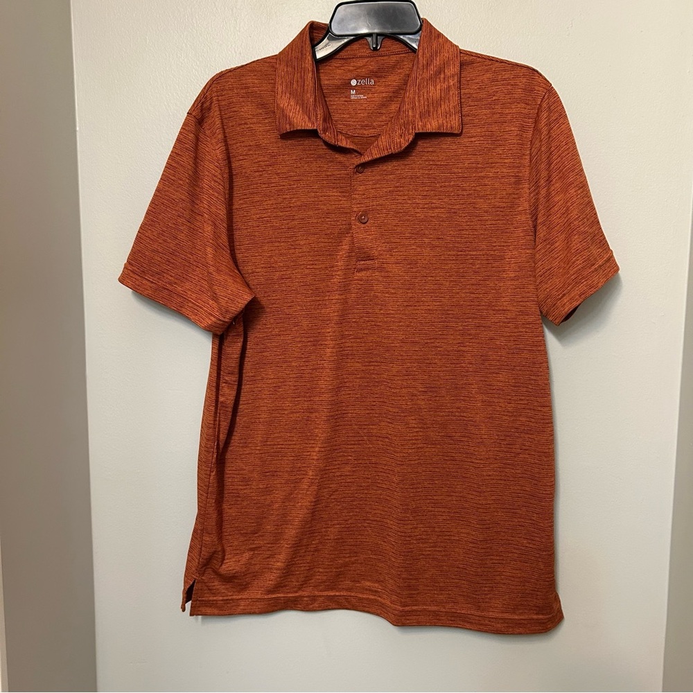 Zella Men's Striped Polo Shirt Rust Orange Short Sleeve Size M Casual Golf EUC
